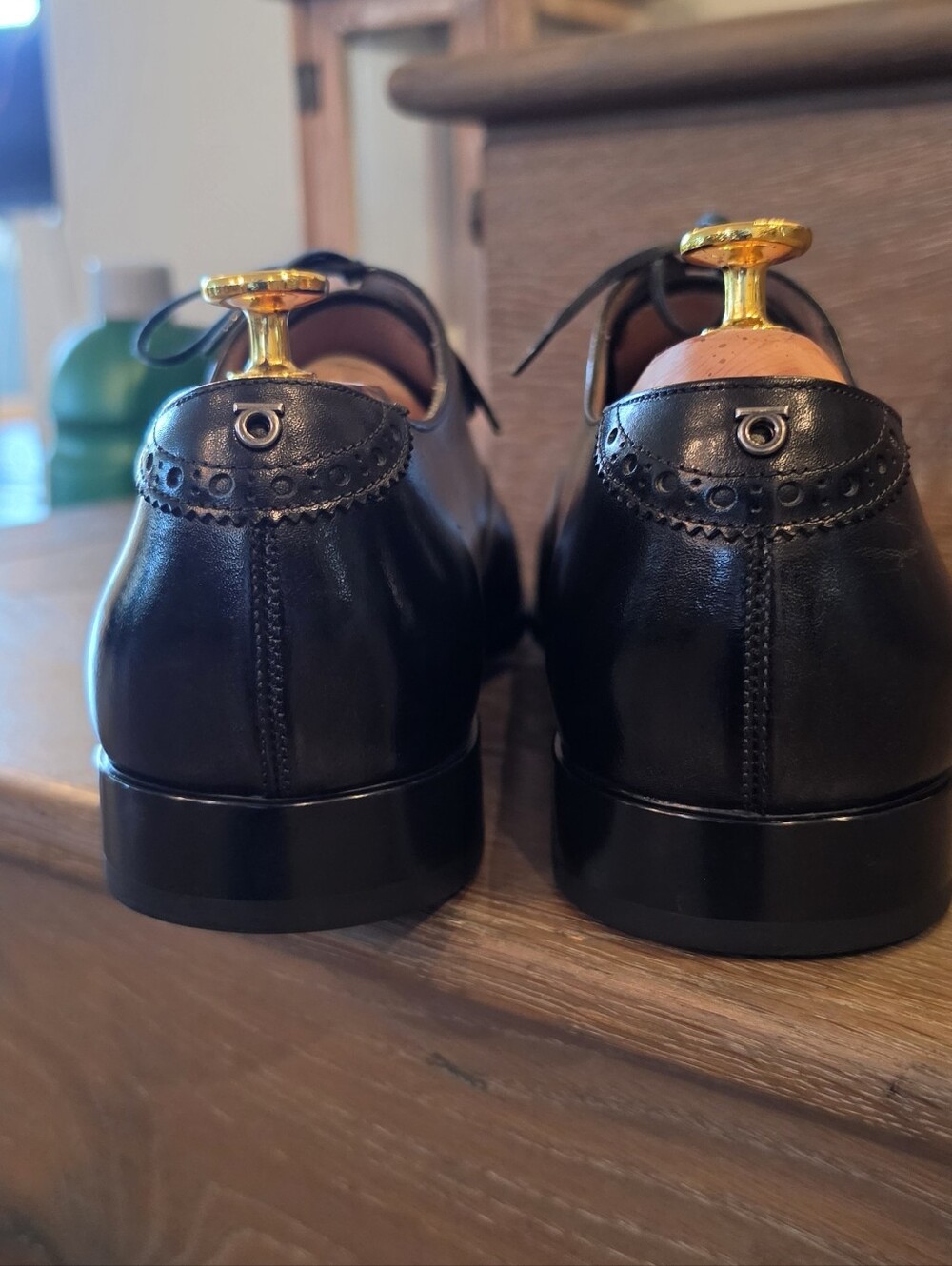 Salvatore Ferragamo Black Leather Cap-Toe Derbys with Brogue Detail - Picture 8 of 12